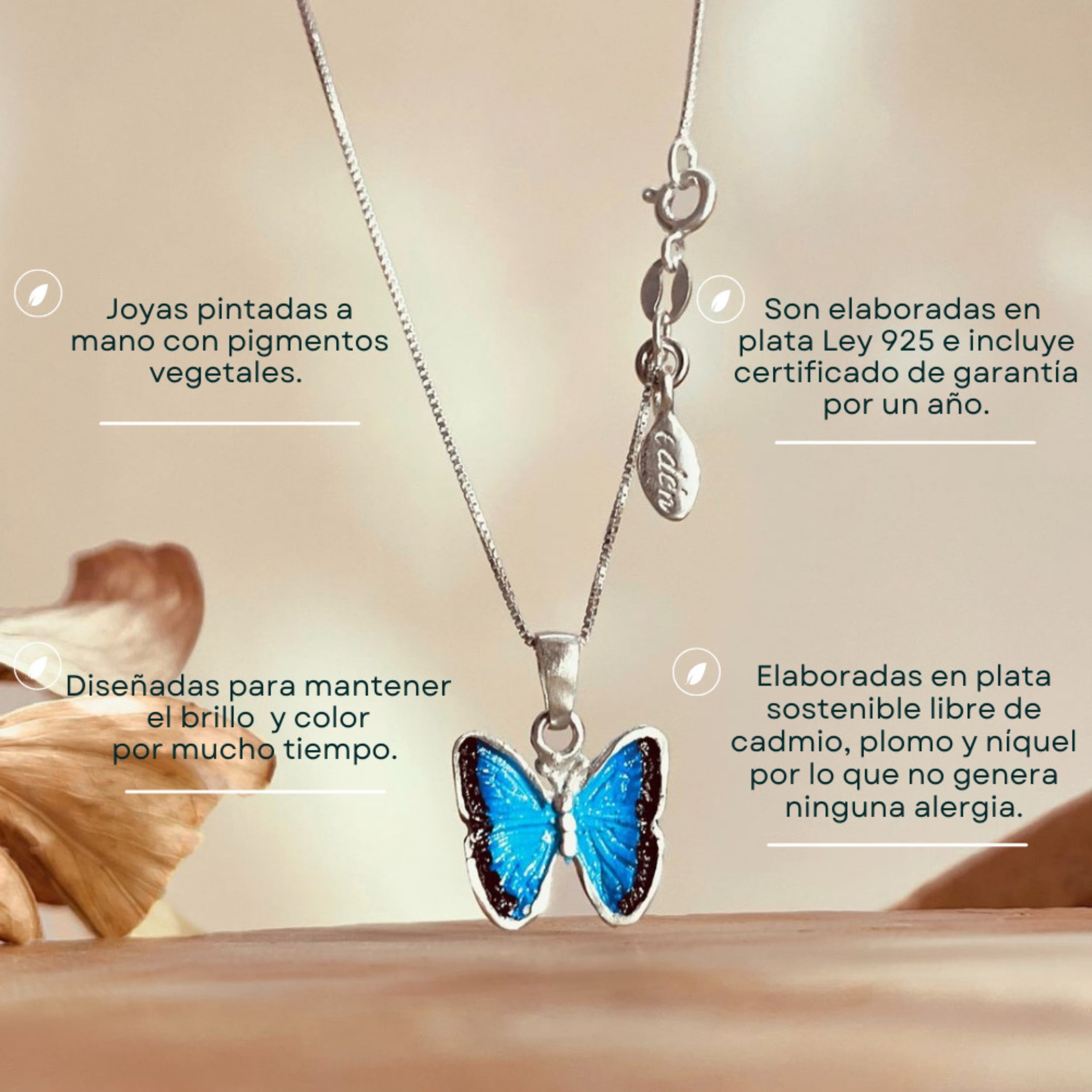 Especificaciones del collar de plata de mariposa